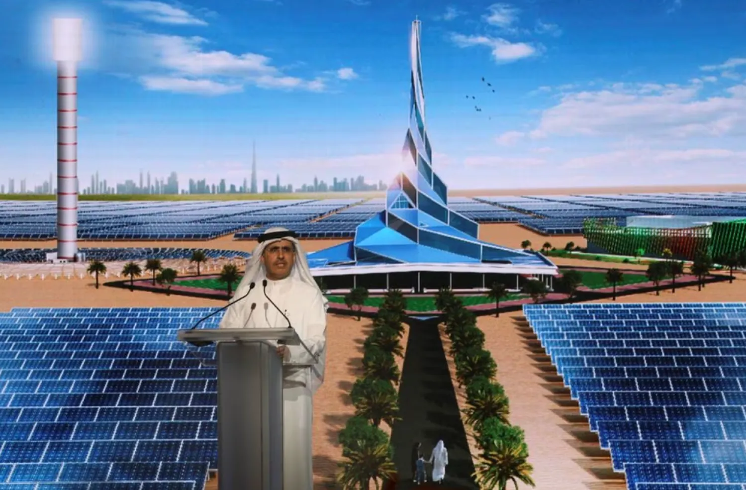 Saeed Al Tayer, Chief Executive Officer of Dubai Electricity and Water Authority (DEWA), speaks during the groundbreaking ceremony of the 4th phase of Mohammed bin Rashid Al Maktoum Solar Park, south of Dubai, United Arab Emirates March 19, 2018. Picture taken March 19, 2018. REUTERS/Satish Kumar/ File Photo

