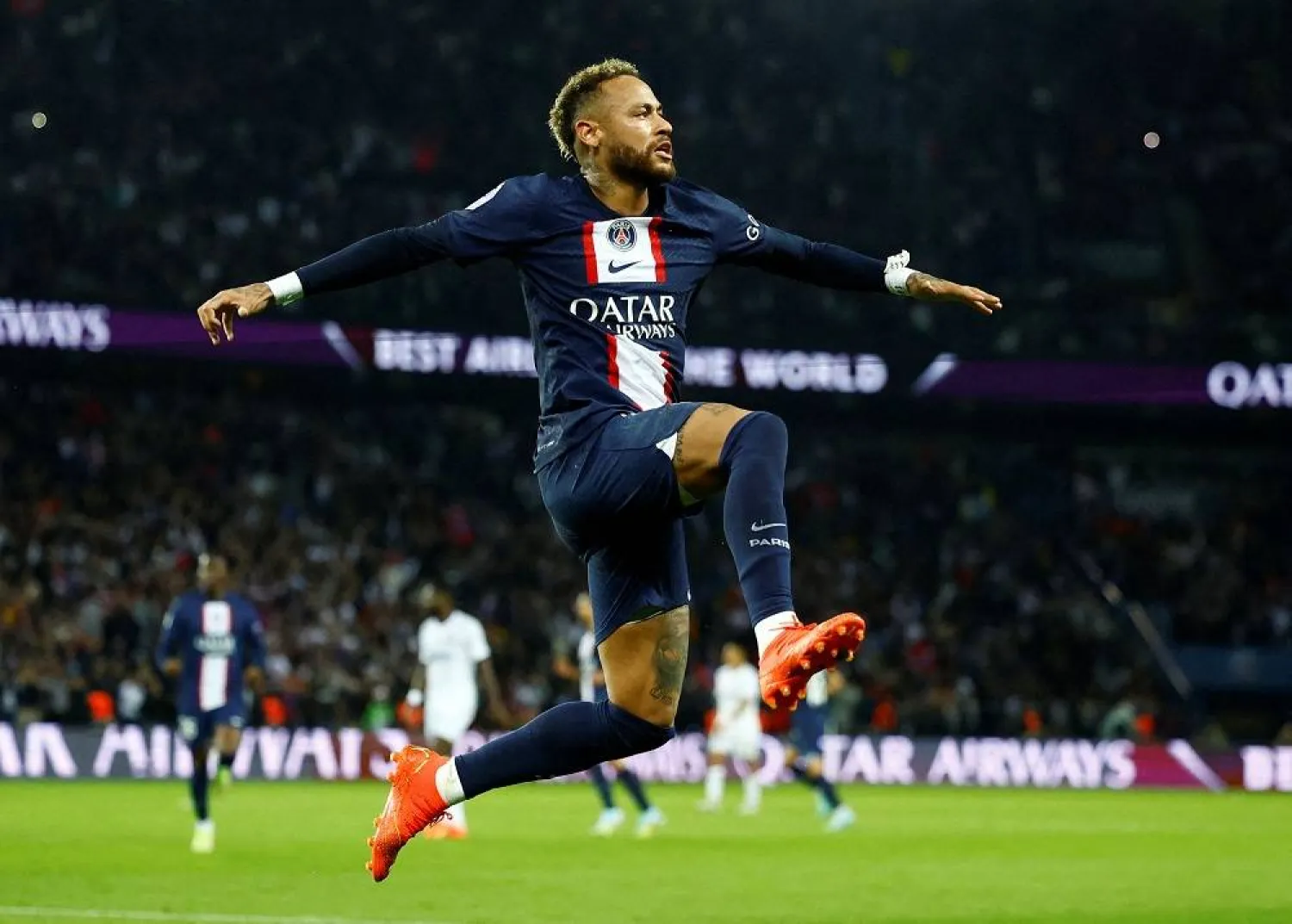 Football - Ligue 1 - Paris St Germain v Olympique de Marseille - Parc des Princes, Paris, France - October 16, 2022 Paris St Germain's Neymar celebrates scoring their first goal. (Reuters)