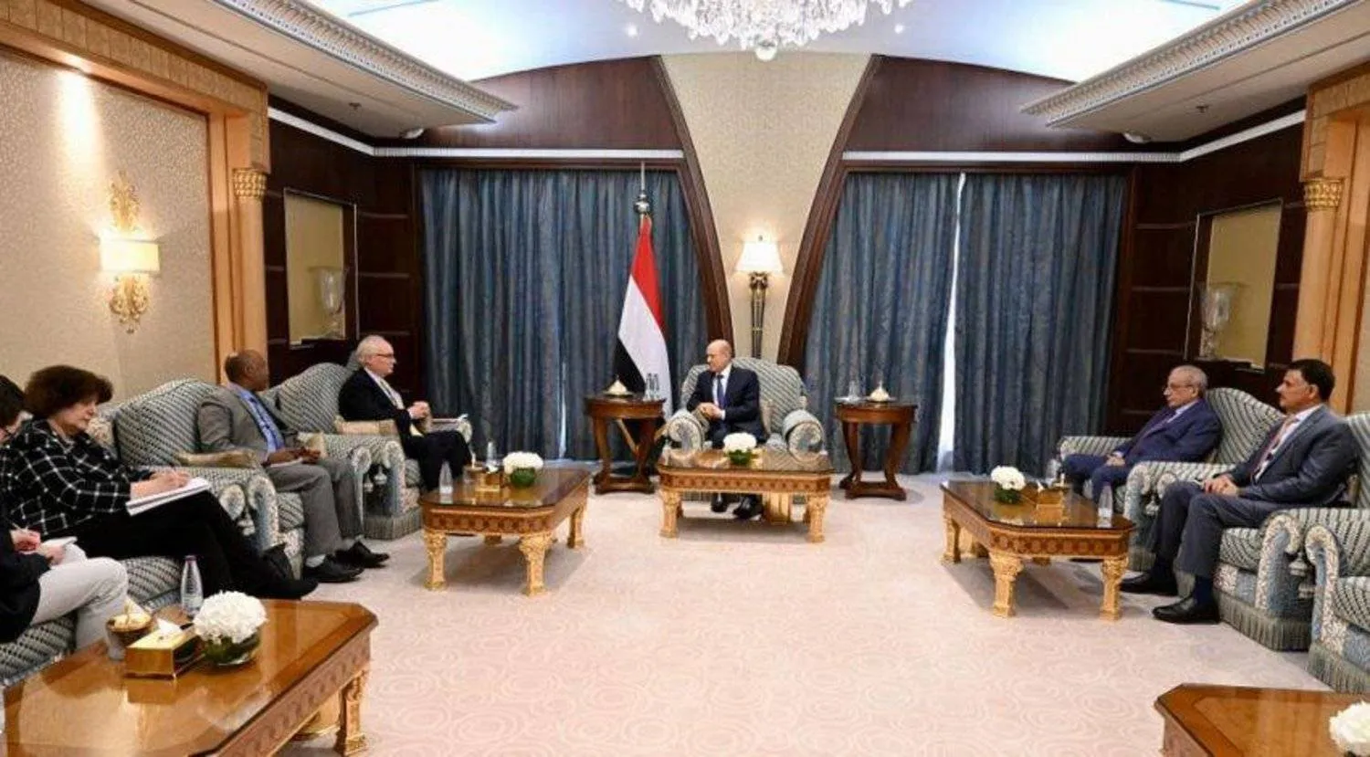 Chairman of the Presidential Leadership Council Dr. Rashad al-Alimi holds talks with US Special Envoy for Yemen Tim Lenderking in Riyadh during a previous visit. (Saba) 