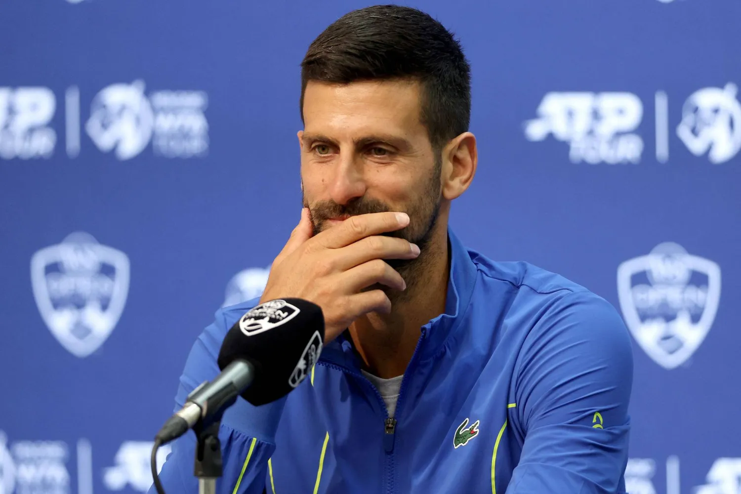 MASON, OHIO - AUGUST 13: Novak Djokovic of Serbia fields questions from the media during the Western & Southern Open at Lindner Family Tennis Center on August 13, 2023 in Mason, Ohio.   Matthew Stockman/Getty Images/AFP