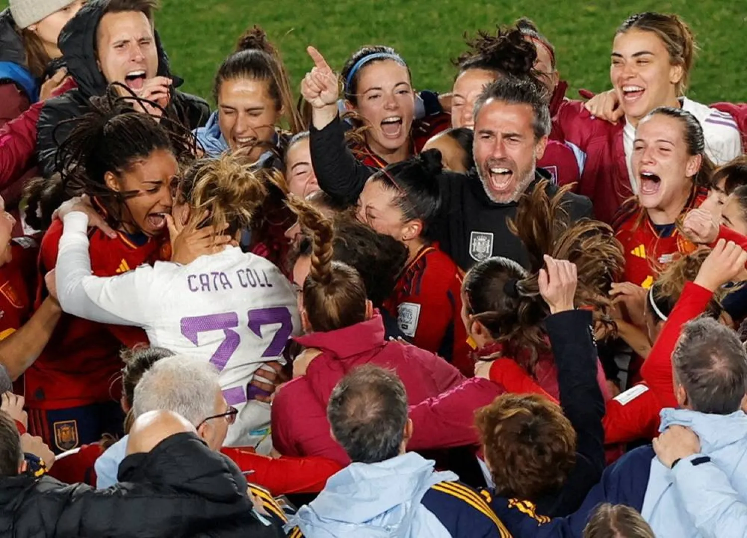 Football - FIFA Women’s World Cup Australia and New Zealand 2023 - Semi Final - Spain v Sweden - Eden Park, Auckland, New Zealand - August 15, 2023 Spain players and coach Jorge Vilda celebrate after progressing to the final of the World Cup. (Reuters)