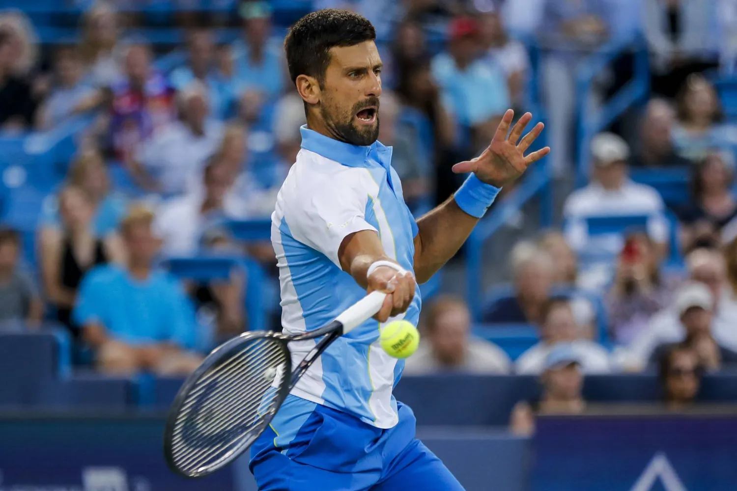 Aug 16, 2023; Mason, OH, USA; Novak Djokovic (SRB) returns a shot against Alejandro Davidovich Fokina (ESP) during the Western and Southern Open tennis tournament at Lindner Family Tennis Center. Mandatory Credit: Katie Stratman-USA TODAY Sports