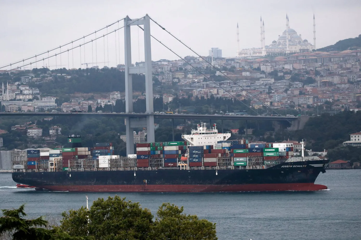 Hong-Kong-flagged container ship Joseph Schulte transits Bosphorus in Istanbul, Turkey August 18, 2023. REUTERS/Murad Sezer 