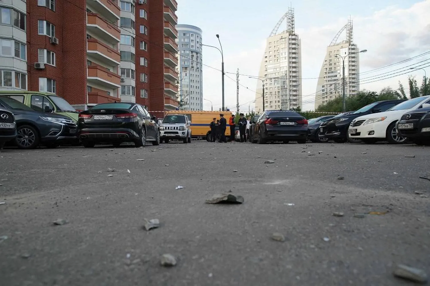 Law enforcement officers work at the site of a drone attack in Krasnogorsk, in the Moscow region on August 22, 2023. (AFP)