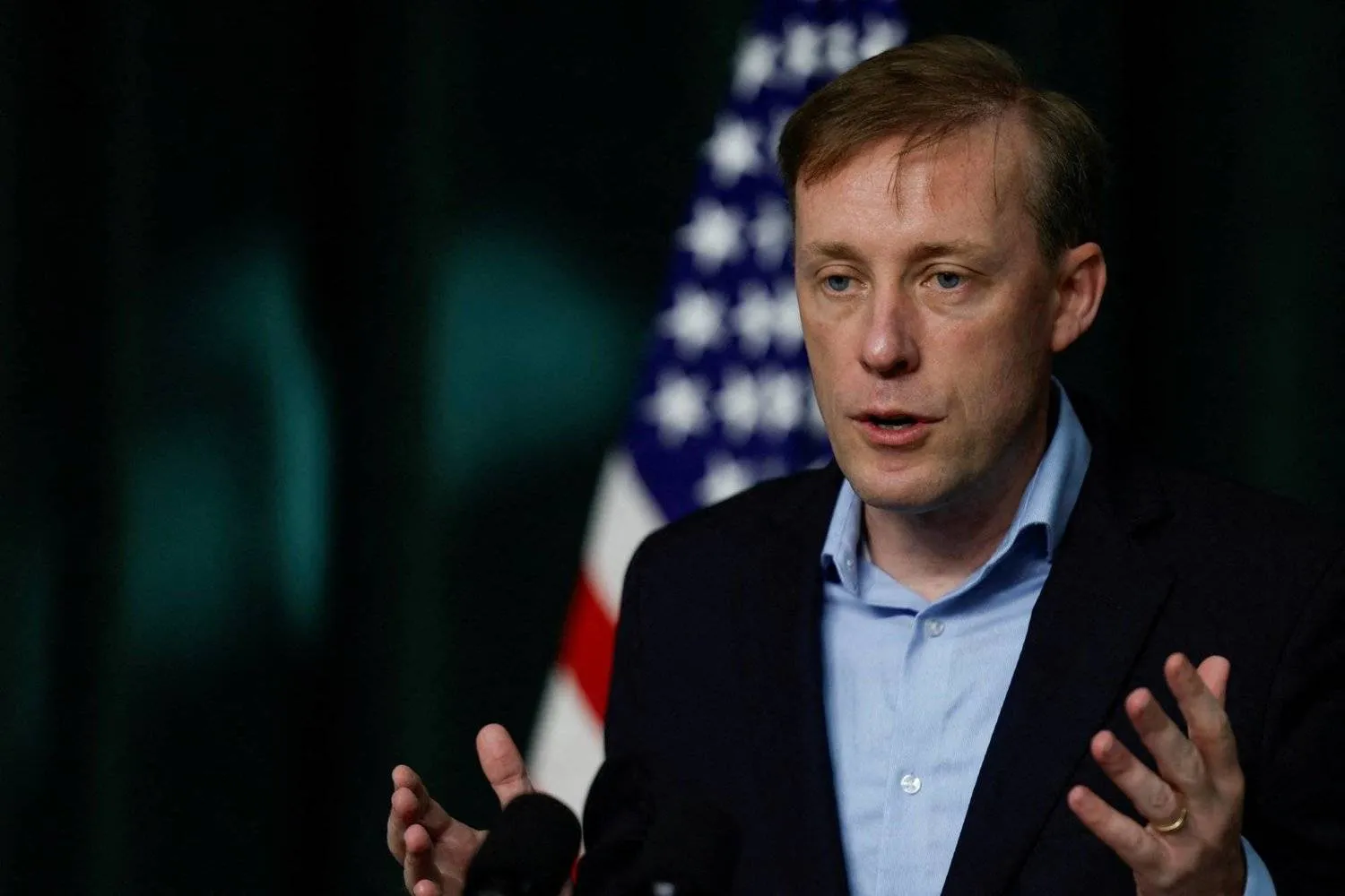 FILE PHOTO: White House National Security Advisor Jake Sullivan briefs the press ahead of the trilateral summit at Camp David near Thurmont, Maryland, US, August 18, 2023. REUTERS/Evelyn Hockstein/File Photo