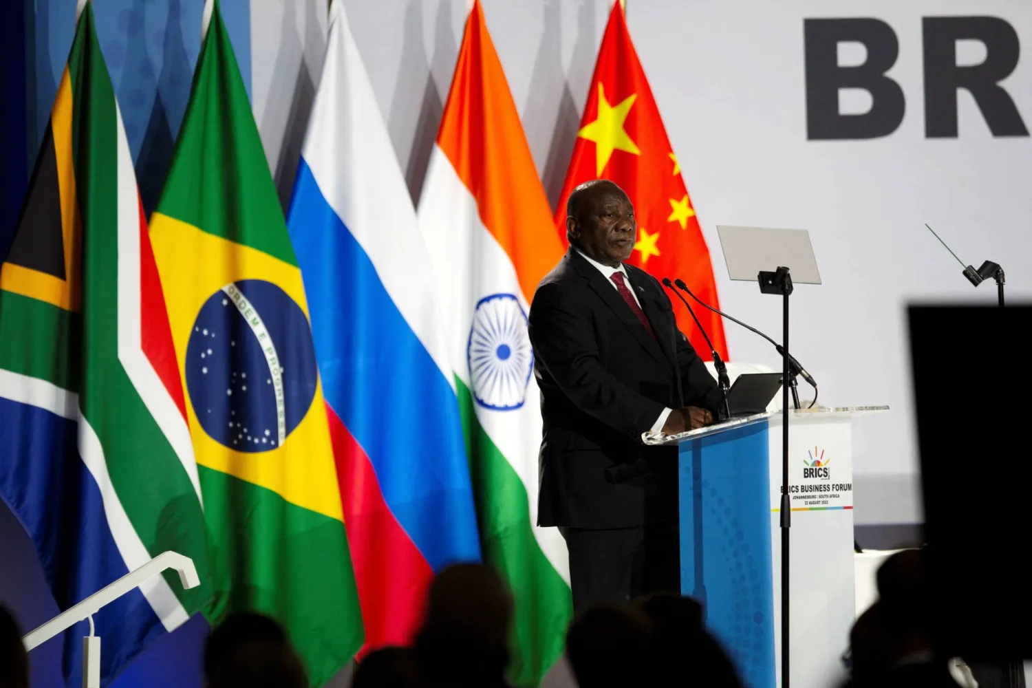 South African President Cyril Ramaphosa delivers his opening remarks at the BRICS Summit in Johannesburg, South Africa August 22, 2023 REUTERS/James Oatway