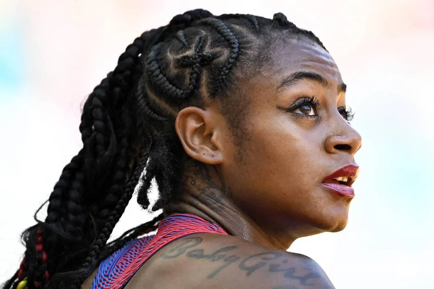 USA's Sha'Carri Richardson reacts after the women's 200m heats during the World Athletics Championships at the National Athletics Center in Budapest on August 23, 2023. (AFP)