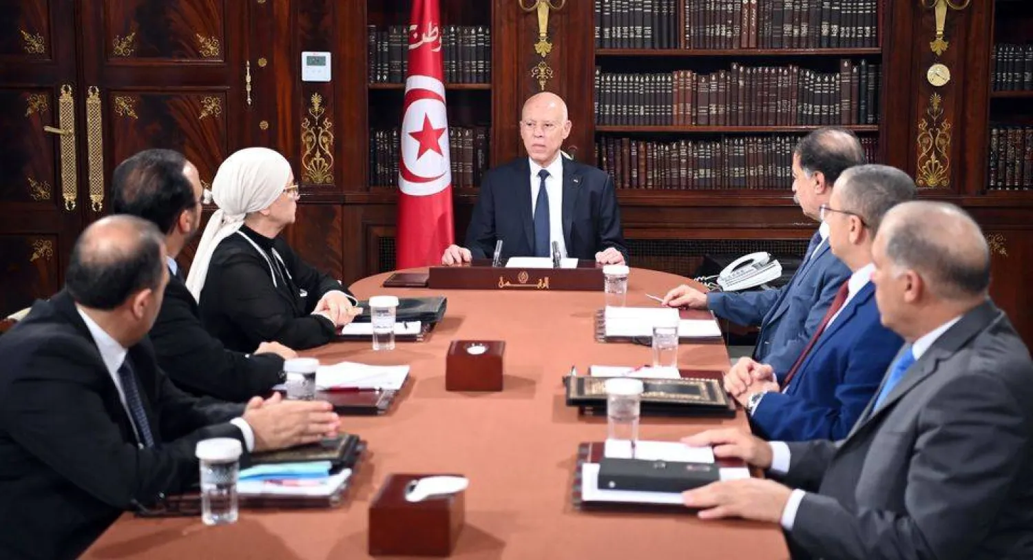 الرئيس سعيد خلال اجتماعه مع وزراء العدل والداخلية وتكنولوجيات الاتصال (الرئاسة)