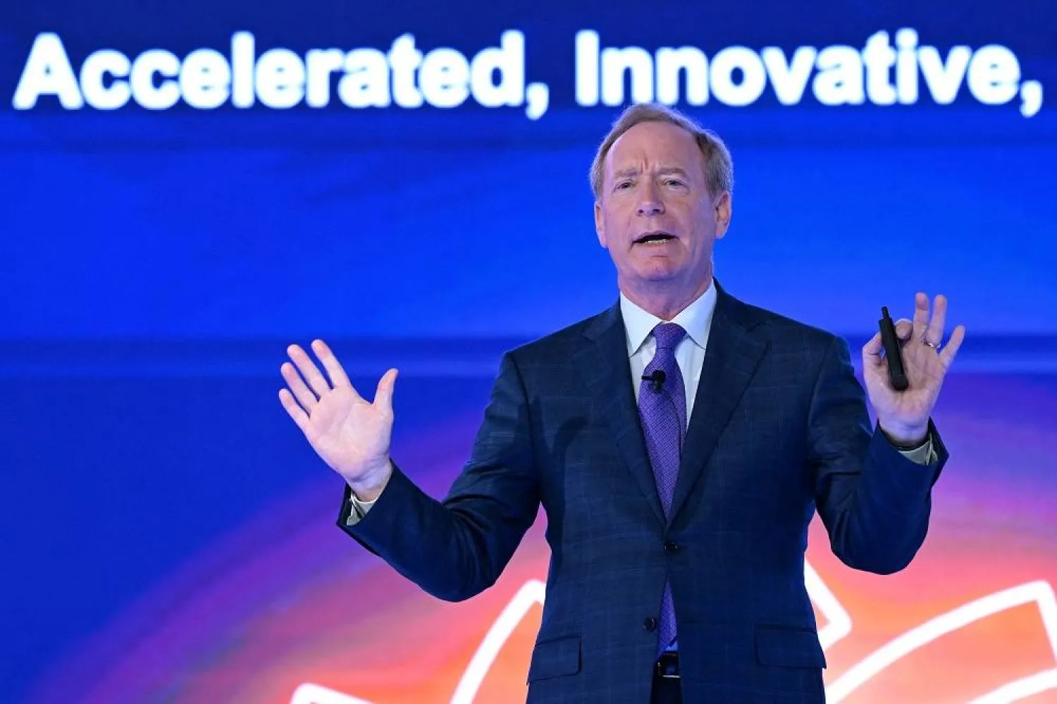  Brad Smith, President and Vice Chairman of Microsoft, addresses the gathering on the first day of the three-day B20 Summit in New Delhi on August 25, 2023. (AFP)