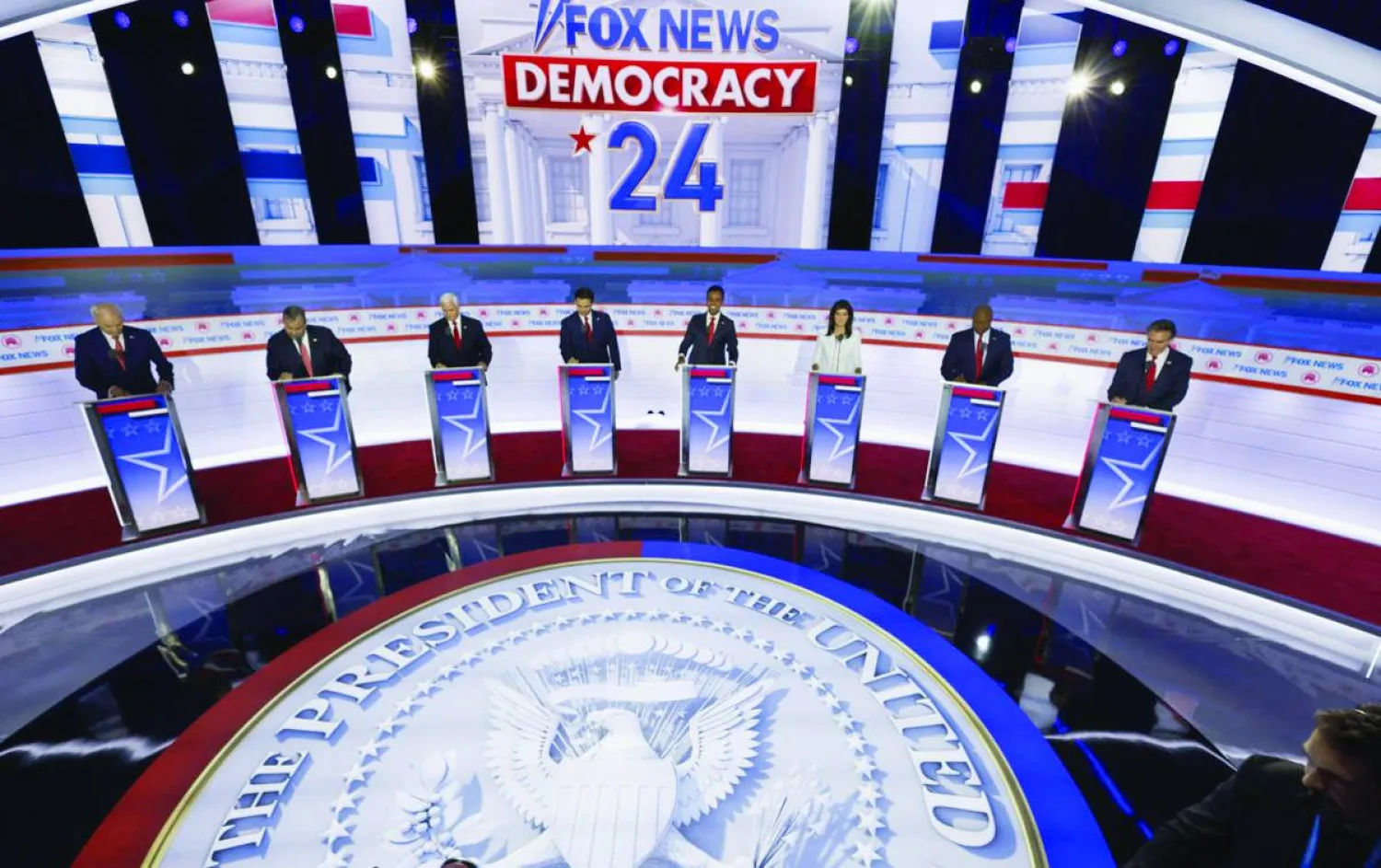 من مناظرة المرشحين الرئاسيين الثماني الجمهوريين، الأربعاء الماضي، في مدينة ميلووكي، كبرى مدن ولاية ويسكونسن دونالد بغياب ترمب (رويترز)