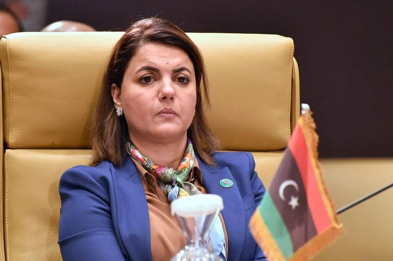 Libya's Foreign Minister Najla al-Mangoush attends a meeting by Libya's neighbors as part of international efforts to reach a political settlement to the country's conflict, in the Algerian capital Algiers, on August 30, 2021. (AFP) 