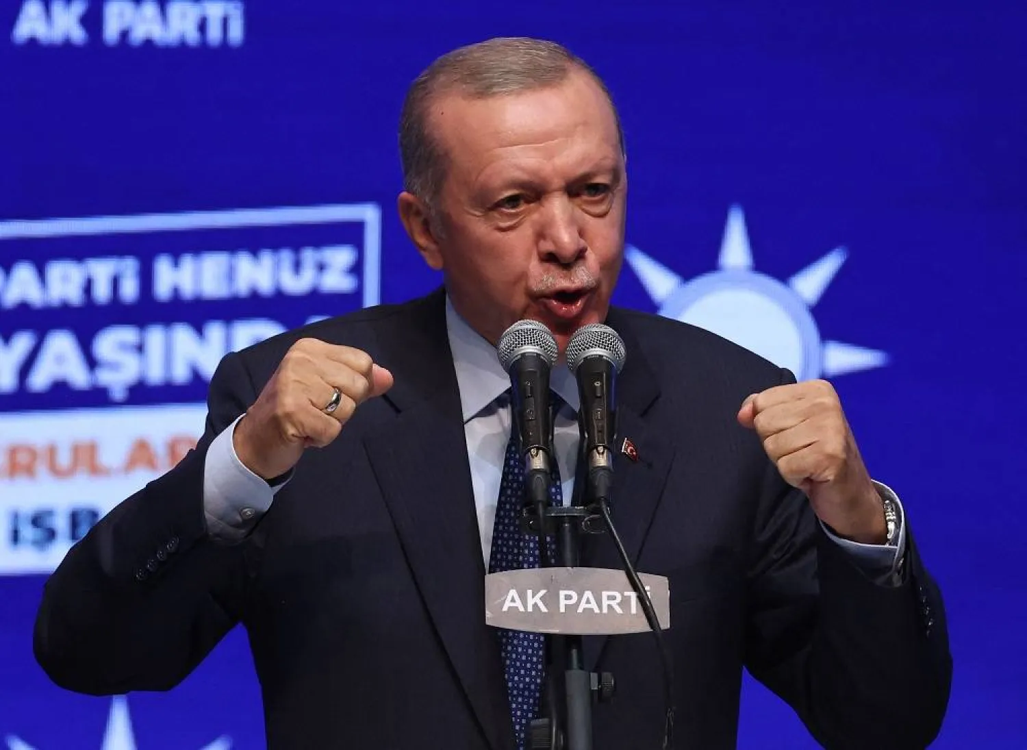 Turkish President Recep Tayyip Erdogan gestures as he speaks as he attends the Justice and Development (AK) Party's 22nd Foundation Anniversary Event at ATO Congresium, in Ankara, on August 24, 2023. (AFP) 