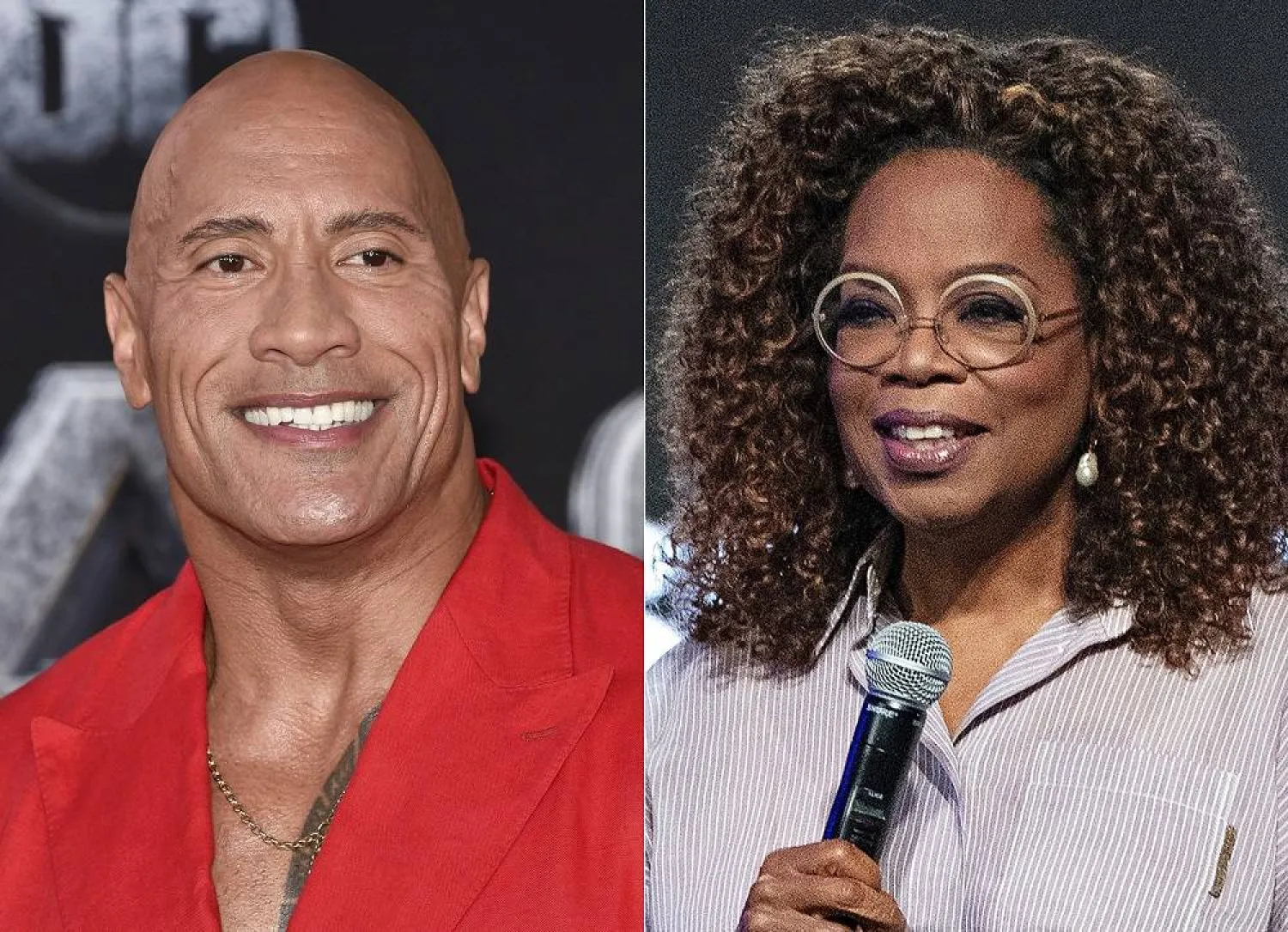 Dwayne Johnson attends the world premiere of "Black Adam" in New York on Oct. 12, 2022, left, and Oprah Winfrey appears at the Essence Festival of Culture in New Orleans on June 30, 2023. (AP)