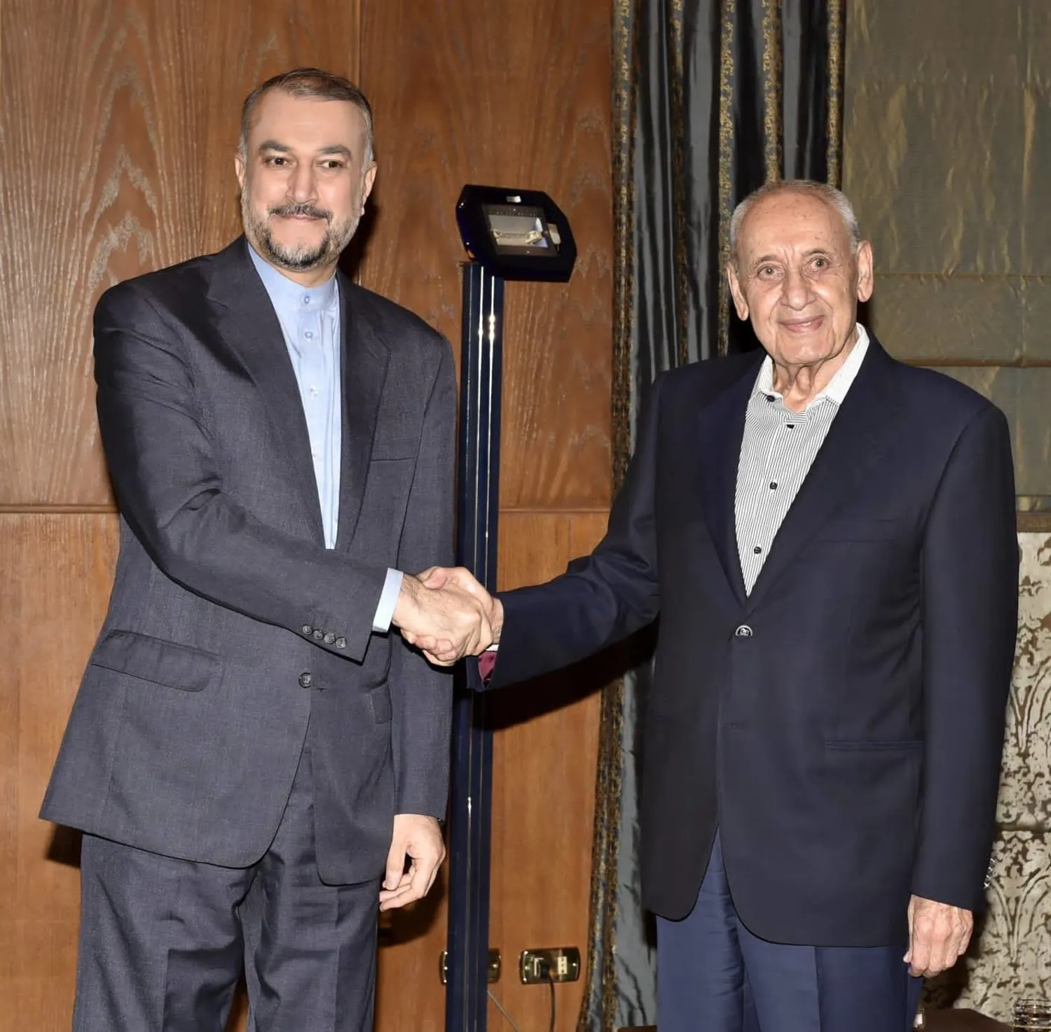 Lebanese Speaker Nabih Berri receives on Friday Iranian Foreign Minister Hossein Amir Abdollahian (Parliament office)