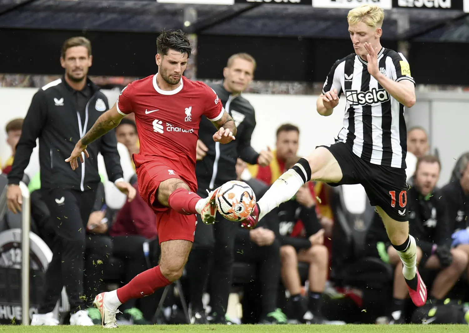 دومينيك سوبوسلاي في صراع على الكرة مع لاعب نيوكاسل أنتوني غوردون (إ.ب.أ)