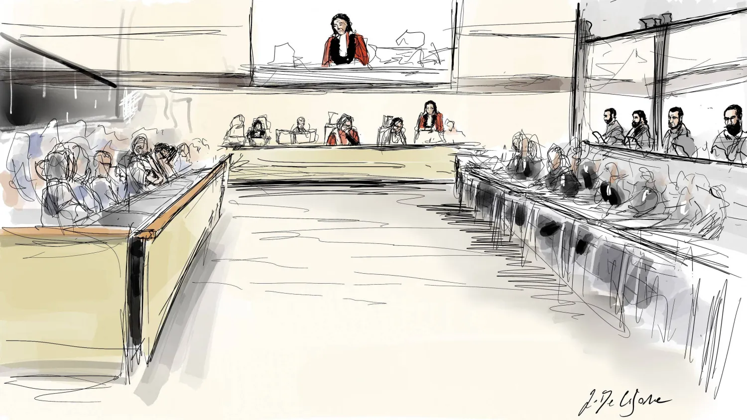 رسم لمحاكمة الجهاديين الفرنسي صلاح عبد السلام والبلجيكي المغربي محمد عبريني في اعتداءات بروكسل (أ.ف.ب)