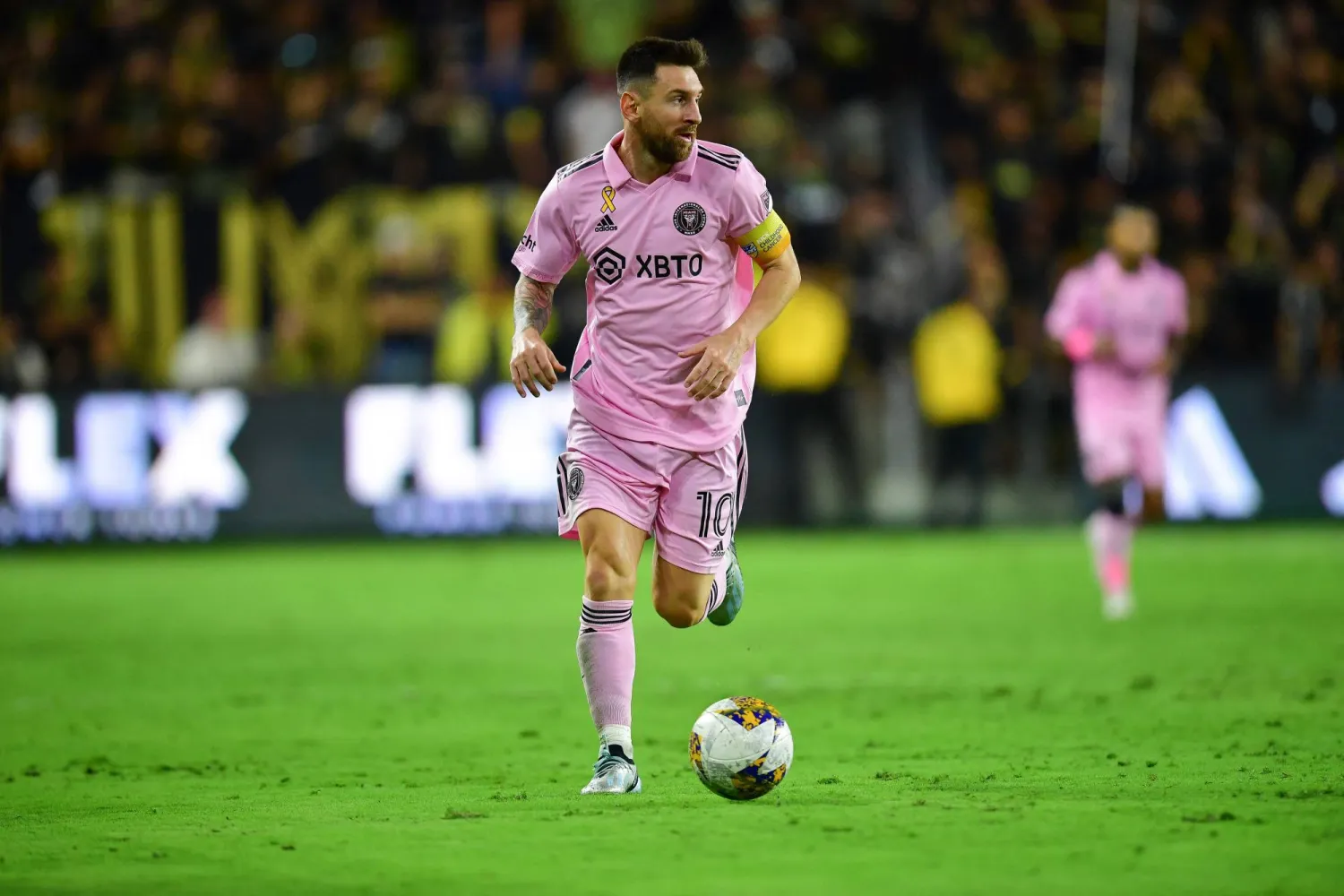 Sep 3, 2023; Los Angeles, California, USA; Inter Miami forward Lionel Messi (10) against Los Angeles FC at BMO Stadium. Mandatory Credit: Gary A. Vasquez-USA TODAY Sports