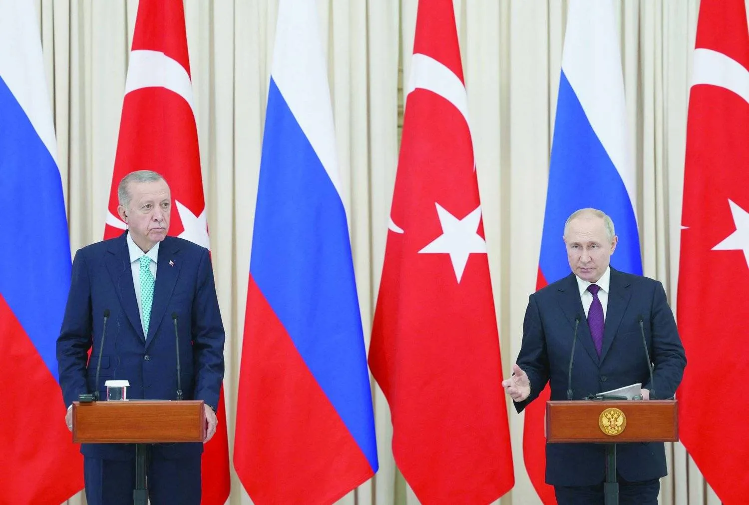 The Russian and Turkish presidents during a press conference in Sochi on Monday (Turkish Presidency - AFP)
