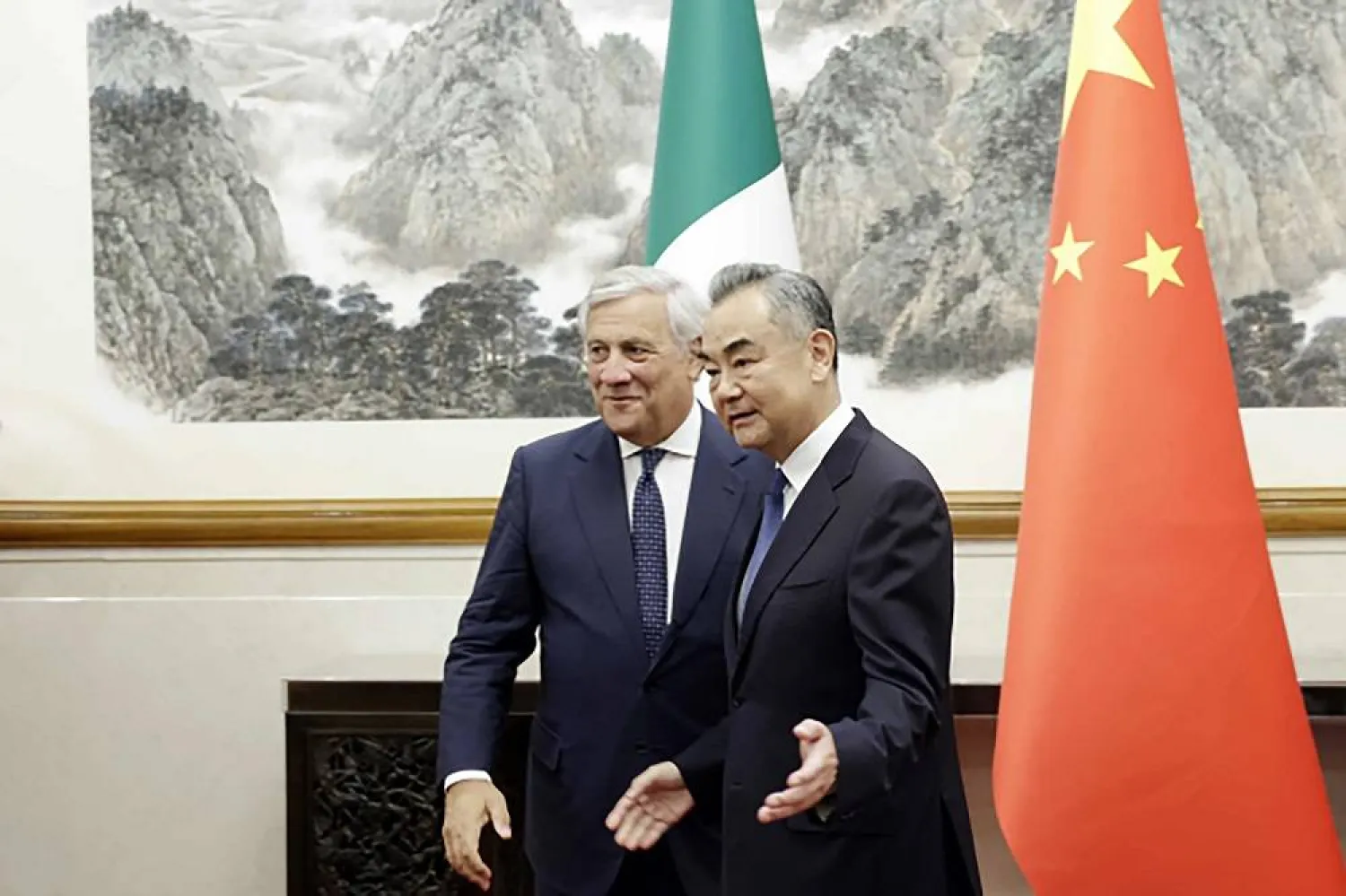 In this photo released by Ministry of Foreign Affairs of the People's Republic of China, China's Foreign Minister Wang Yi, right, meets with Italian Deputy Premier and Foreign Minister Antonio Tajani in Beijing Monday, Sept. 4, 2023. (Ministry of Foreign Affairs of the People's Republic of China via AP) 