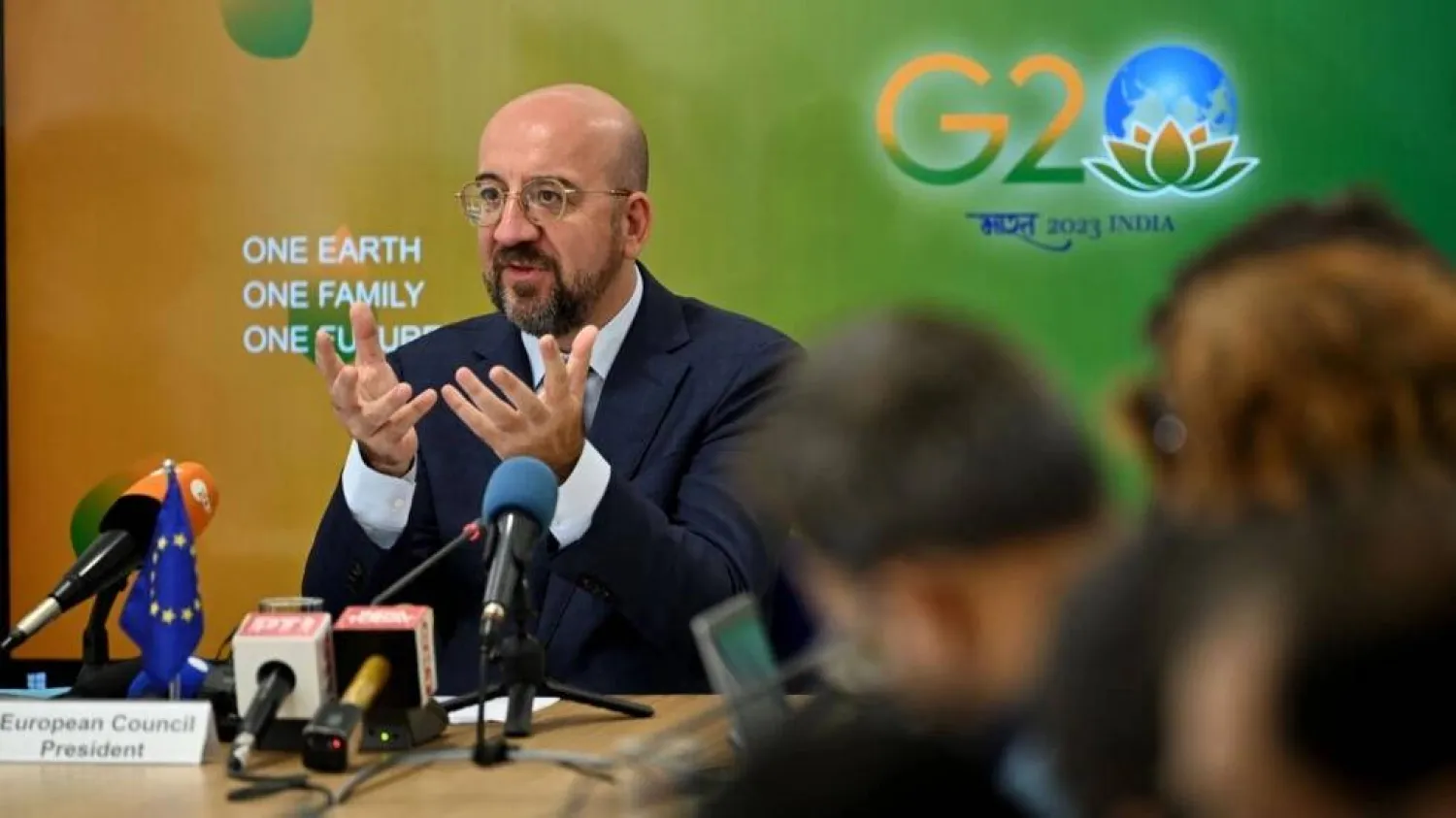 European Council President Charles Michel speaks during a press conference in New Delhi. Sajjad HUSSAIN / AFP
