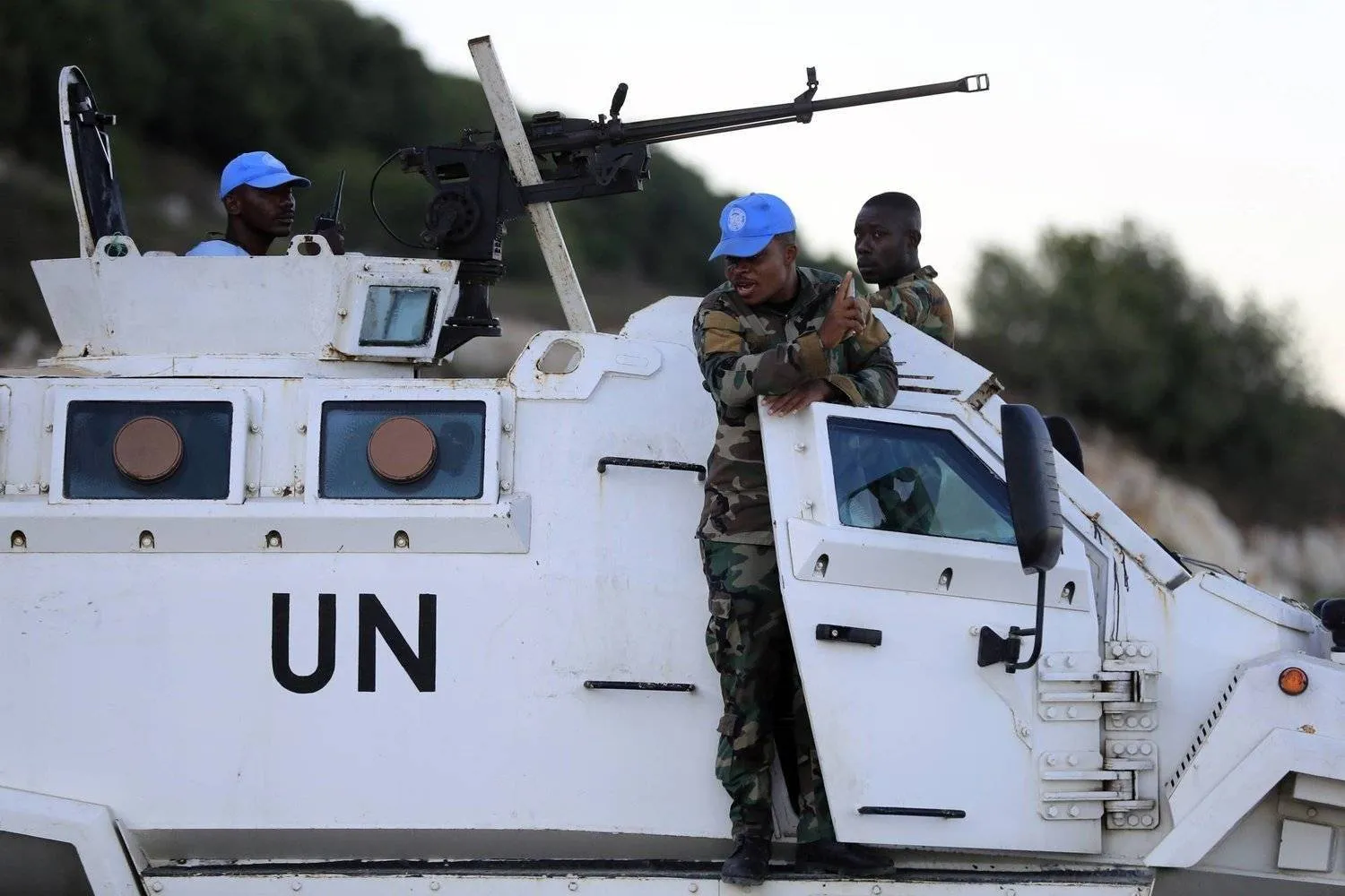 UNIFIL soldiers in the Lebanese town of Marwahin on the border with Israel (AP)