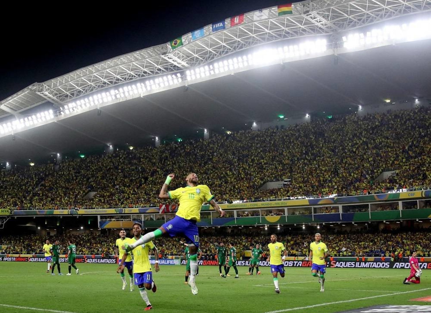 Football - World Cup - South American Qualifiers - Brazil v Bolivia - Estadio Mangueirao, Belem, Brazil - September 8, 2023 Brazil's Neymar celebrates scoring their fifth goal. (Reuters)