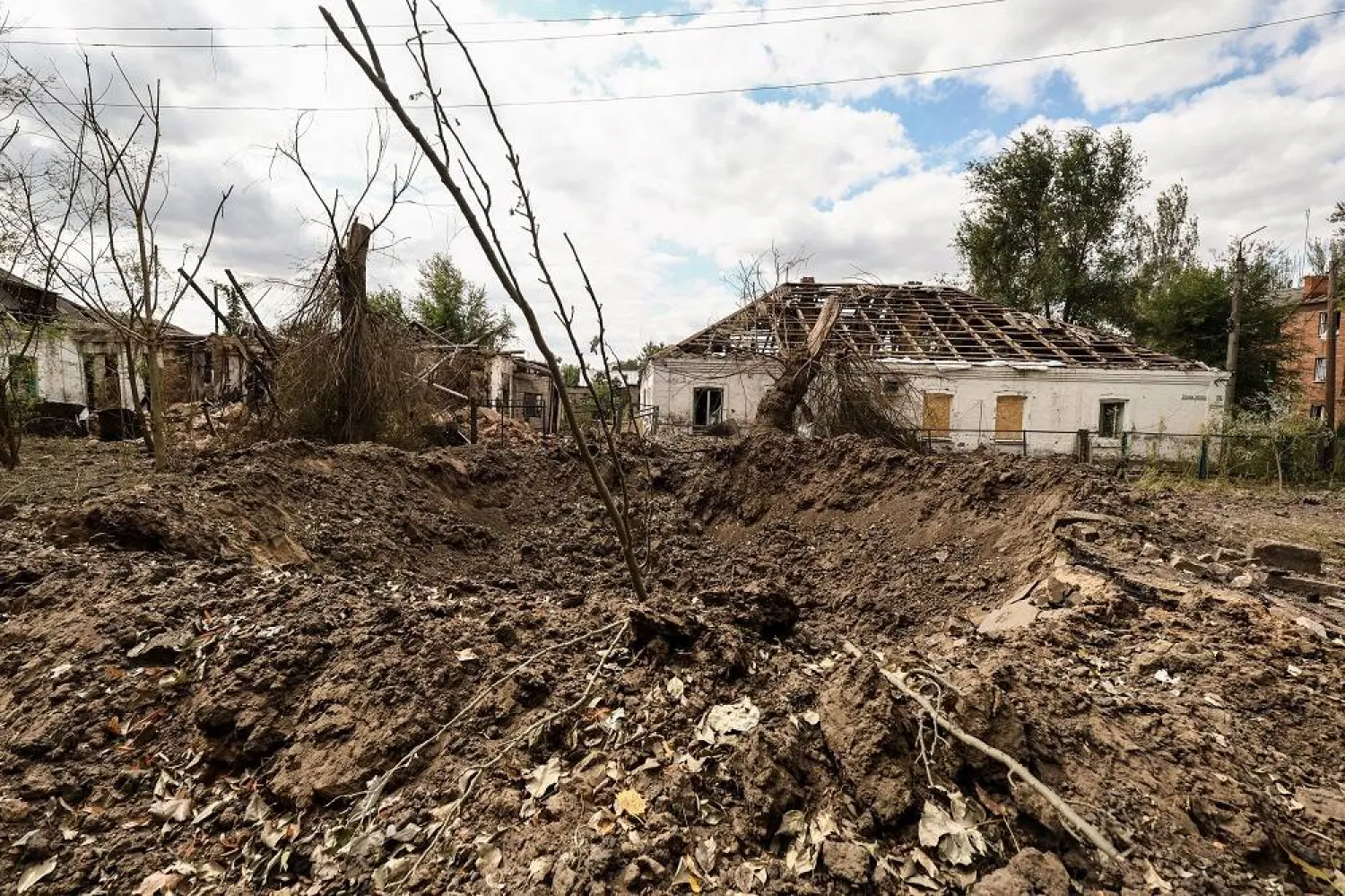 A shell crater in the frontline town of Orikhiv, Zaporizhzhia Oblast, Ukraine, 07 September 2023, amid the Russian invasion. (EPA)