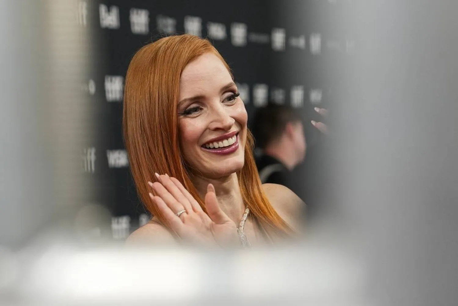 Jessica Chastain speaks to the media on the red carpet for the movie "Memory" at the Toronto International Film Festival in Toronto, on Tuesday, Sept. 12, 2023. (AP)