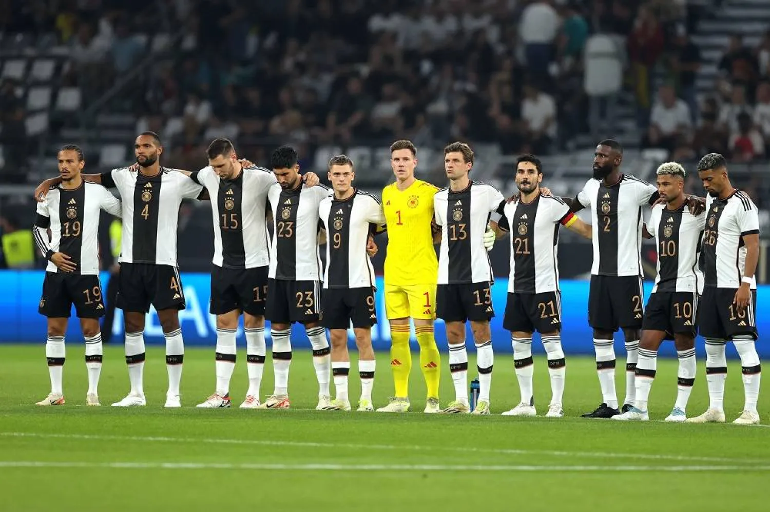 Players of team Germany observe a minute of silence for the victims of the natural disasters in Libya and Morocco before the international friendly soccer match between Germany and France in Dortmund, Germany, 12 September 2023. (EPA) 