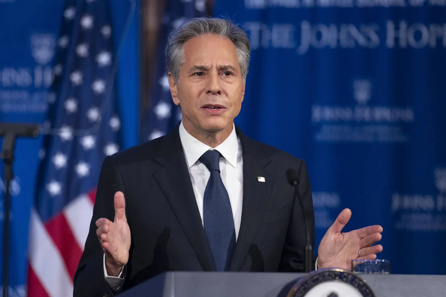 وزير الخارجية الأميركي أنطوني بلينكن يتحدث في كلية جونز هوبكنز للدراسات الدولية المتقدمة الأربعاء 13 سبتمبر 2023 (أ.ب)