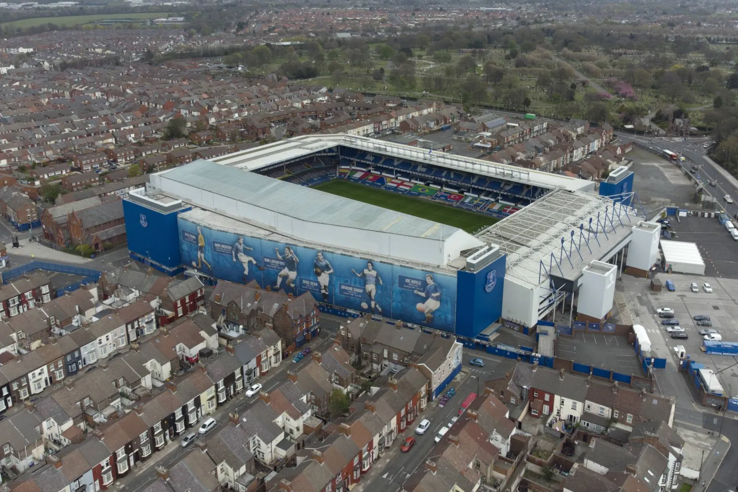 FILE - Everton's Goodison Park Stadium is seen in Liverpool, England, Wednesday, April 21, 2021. (AP Photo/Jon Super, File)