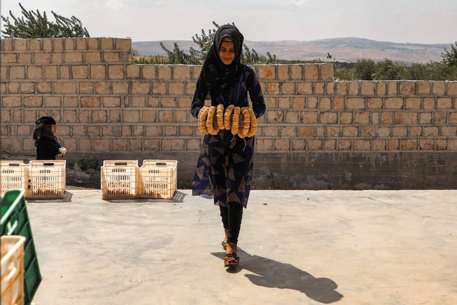 امرأة تحمل تيناً مجففاً على سطح معمل بقرية كورين في محافظة إدلب يوم 10 سبتمبر الجاري (أ.ف.ب)