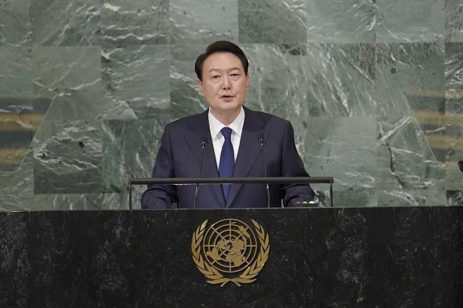 South Korean President Yoon Suk Yeol addresses the 77th session of the United Nations General Assembly on Sept. 20, 2022 at the UN headquarters. (AP)