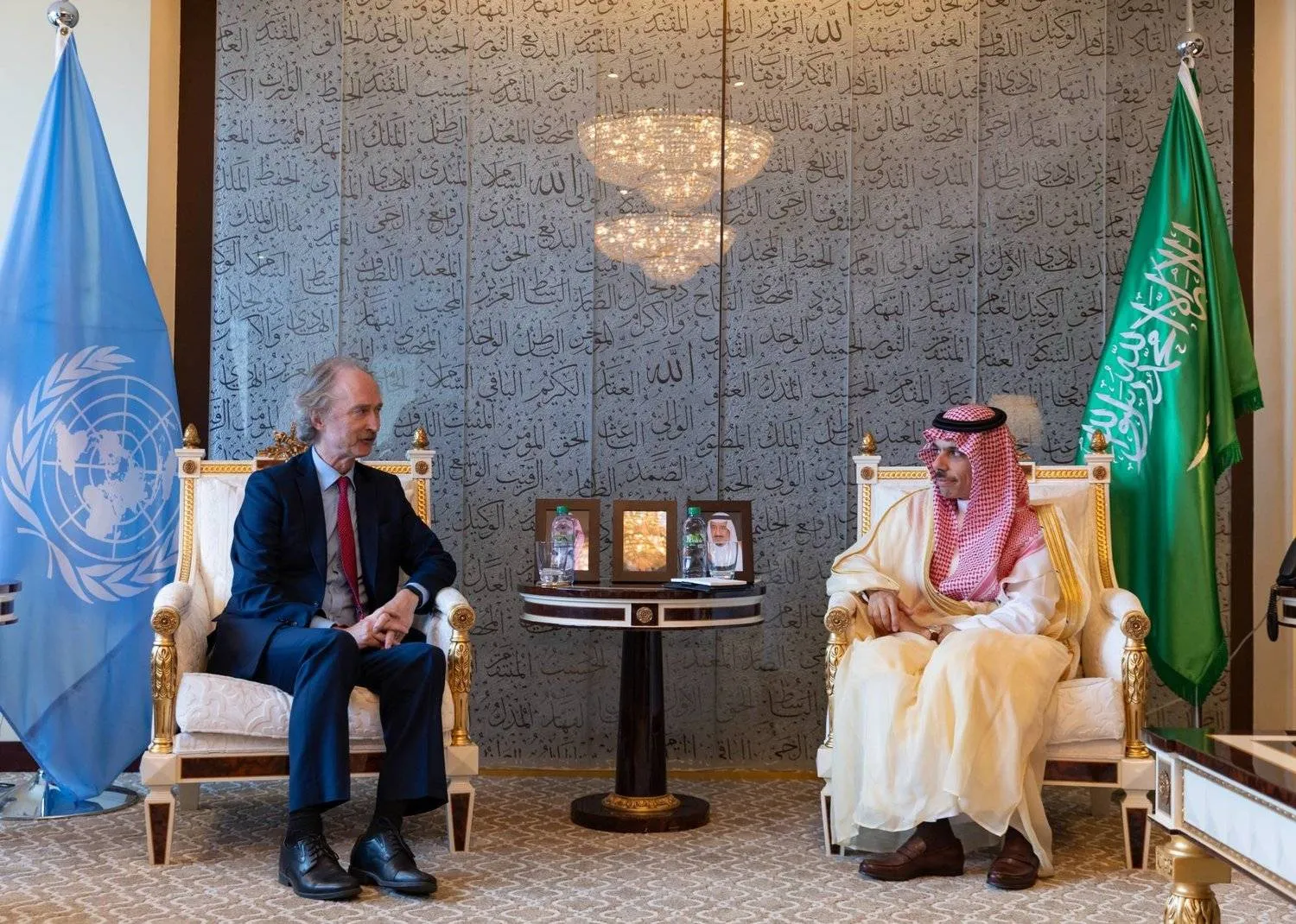 Saudi Foreign Minister Prince Faisal bin Farhan bin Abdullah meets with UN envoy Geir Pedersen in New York on Sunday. (SPA)