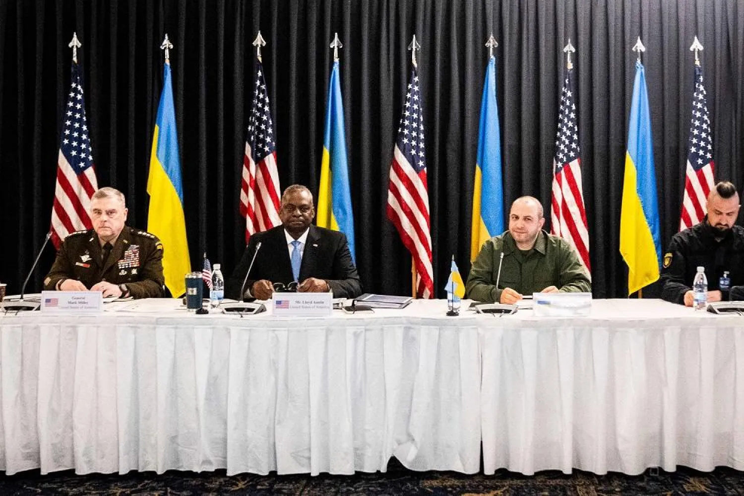 (L-R) Chairman of the Joint Chiefs of Staff of the United States Army US General Mark Milley, US Secretary of Defense Lloyd Austin and Ukraine's Defense Minister Rustem Umerov are seen at Ramstein Air Base, southwestern Germany, as they come together for an in-person Ukraine Defense Contact Group meeting on September 19, 2023. (AFP) 