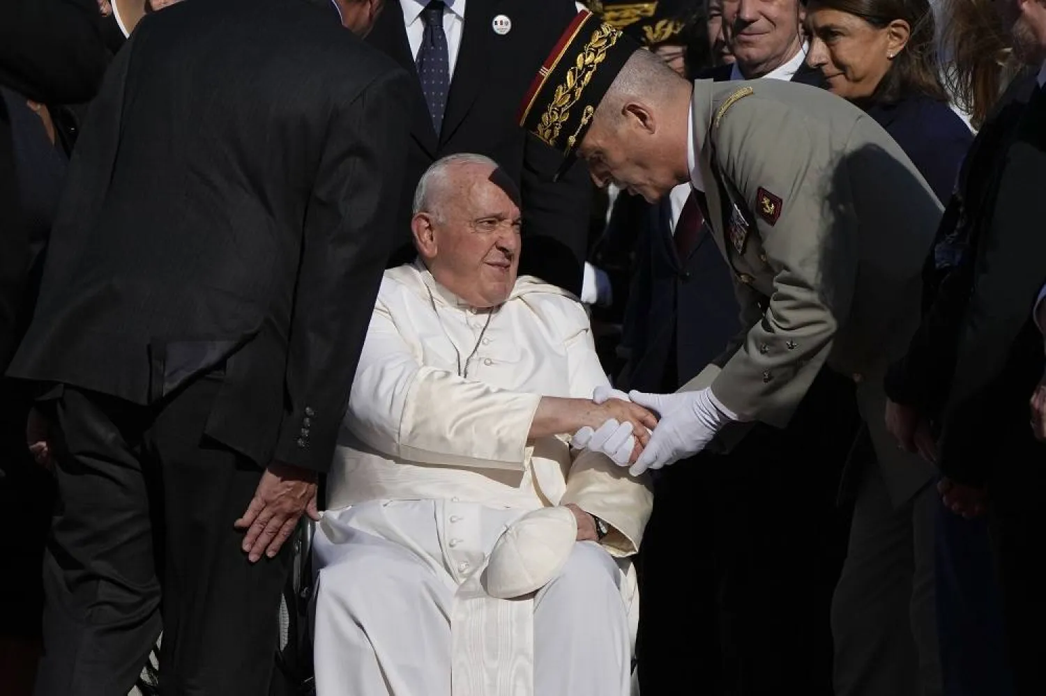 Pope Francis is welcomed as he arrives at Marseille International Airport in Marseille, southern France for a two-day visit, Friday, Sept. 22, 2023, where he will join Catholic bishops from the Mediterranean region on discussions that will largely focus on migration. (AP)