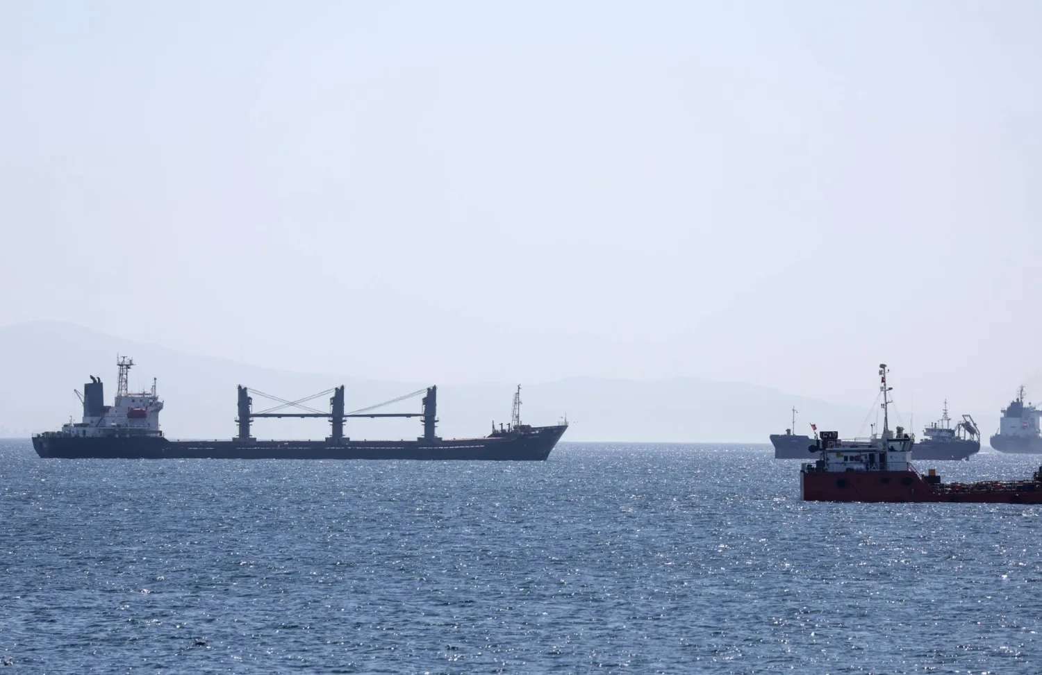 سفينة «أرويات» المحملة بالقمح الأوكراني لدى وصولها إلى مضيق البوسفور في إسطنبول الأحد (إ.ب.أ)