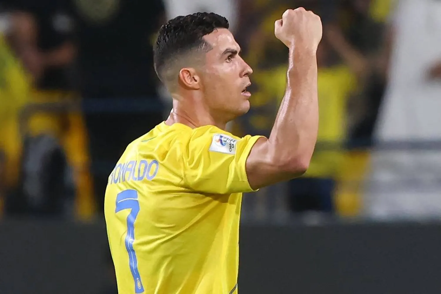 Al-Nassr's Portuguese forward #07 Cristiano Ronaldo celebrates after scoring his team's first goal during the AFC Champions League group E football match between Saudi Al-Nassr SC and Tajikistan's FC Istiklol at King Saud University Stadium in Riyadh on October 2, 2023. (AFP)
