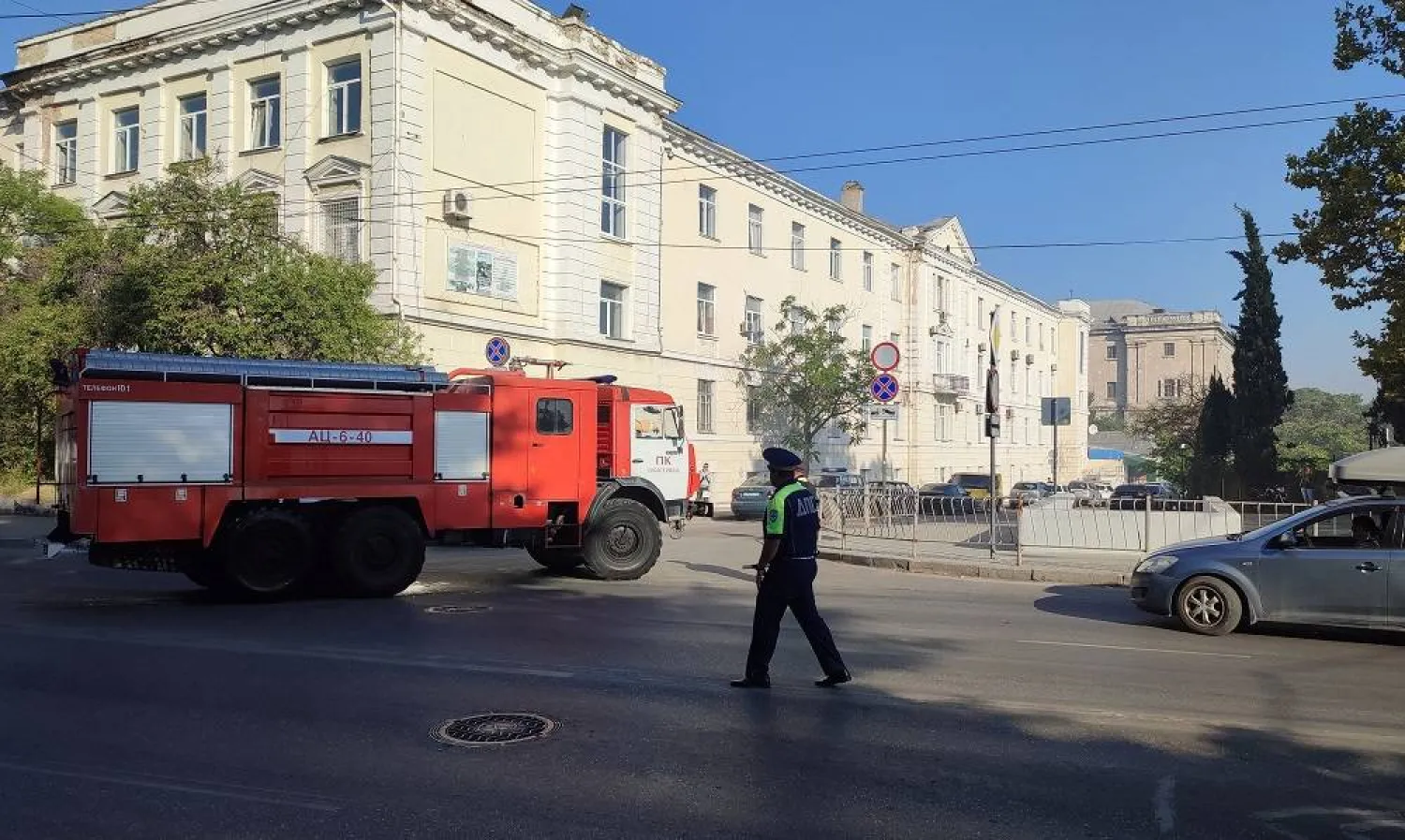 A fire truck drives into the area adjacent to the shipyard that was reportedly hit by Ukrainian missile attack in Sevastopol, Crimea September 13, 2023. (Reuters)
