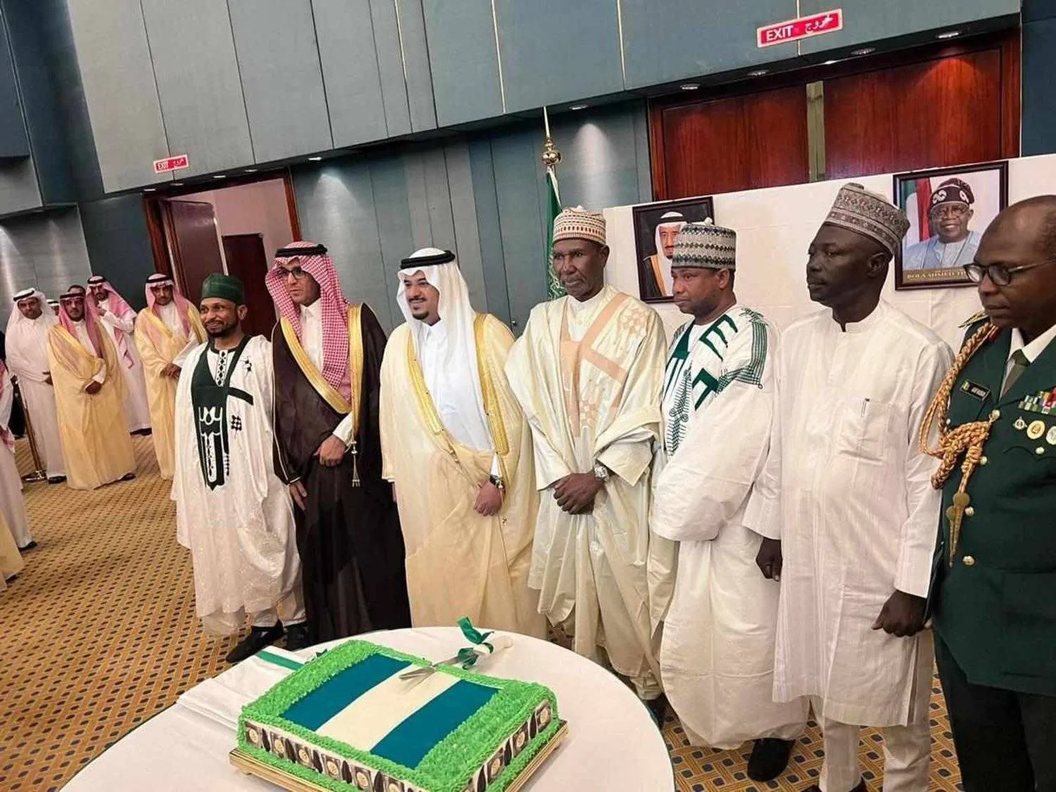 Lawal stands among Saudi officials, diplomats, and ambassadors in Riyadh on his country’s national day celebration two days ago. (Asharq Al-Awsat) 