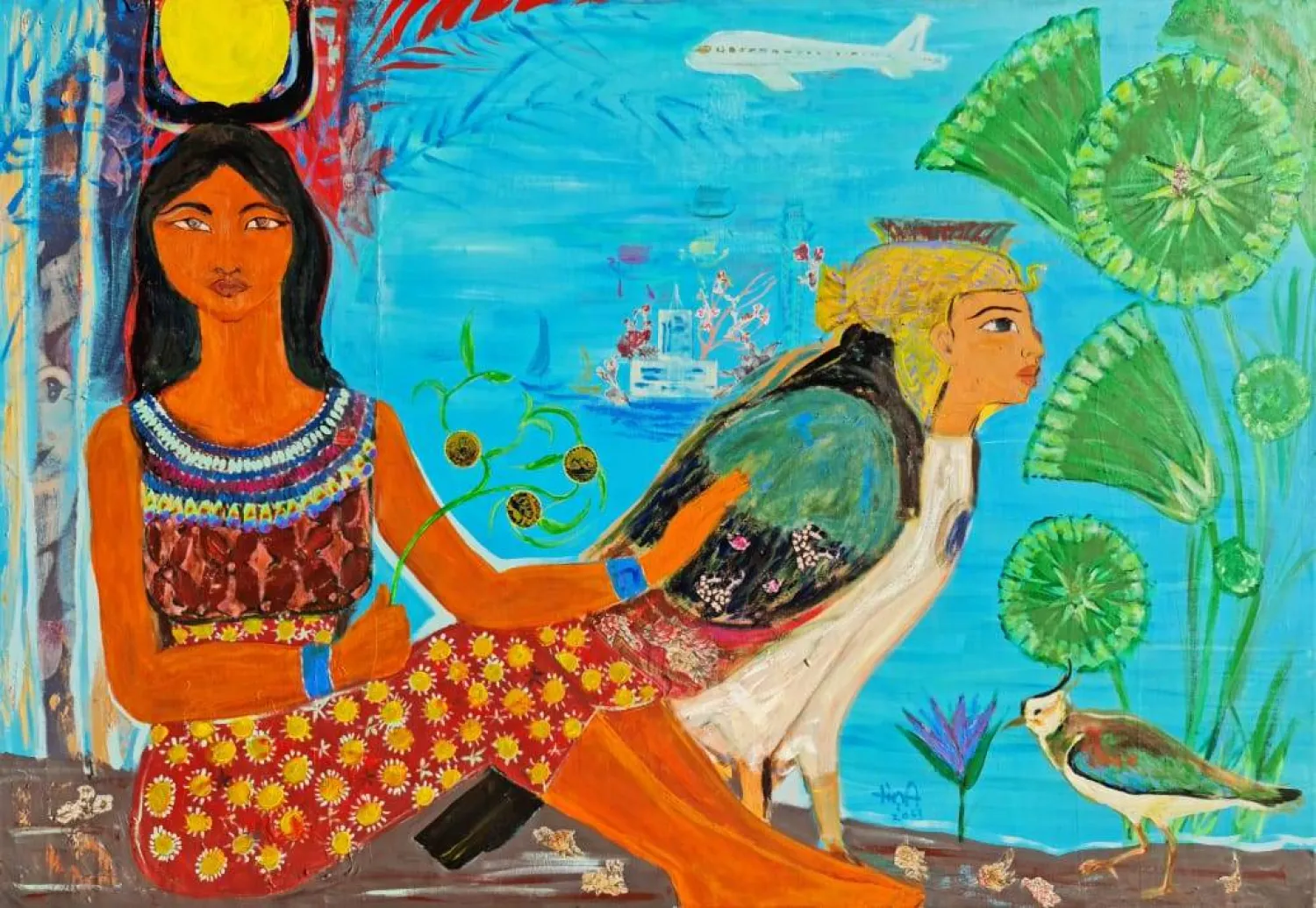 لوحة «حلم حتحور» تتمتع بأجواء حالمة تجمع بين مصر القديمة والحديثة (الشرق الأوسط)