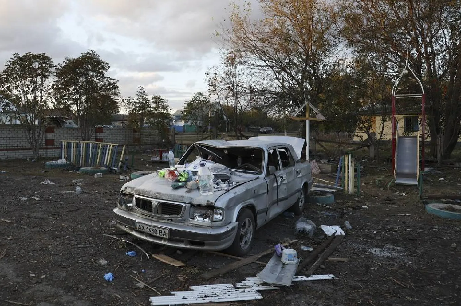A general view of damage at the site of a military strike that a day earlier hit the village of Hroza, Kupiansk district, Kharkiv region, northeastern Ukraine, 06 October 2023, amid the Russian invasion. (EPA)