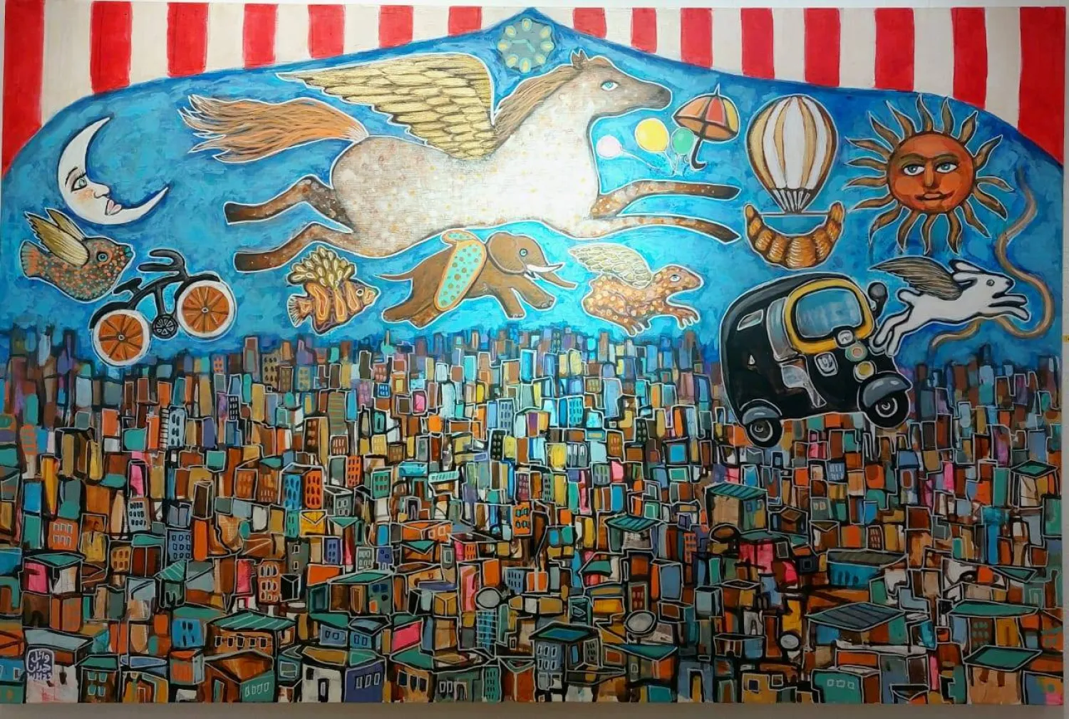 الحصان المجنح ثيمة أساسية في المعرض (الفنان وائل حمدان)