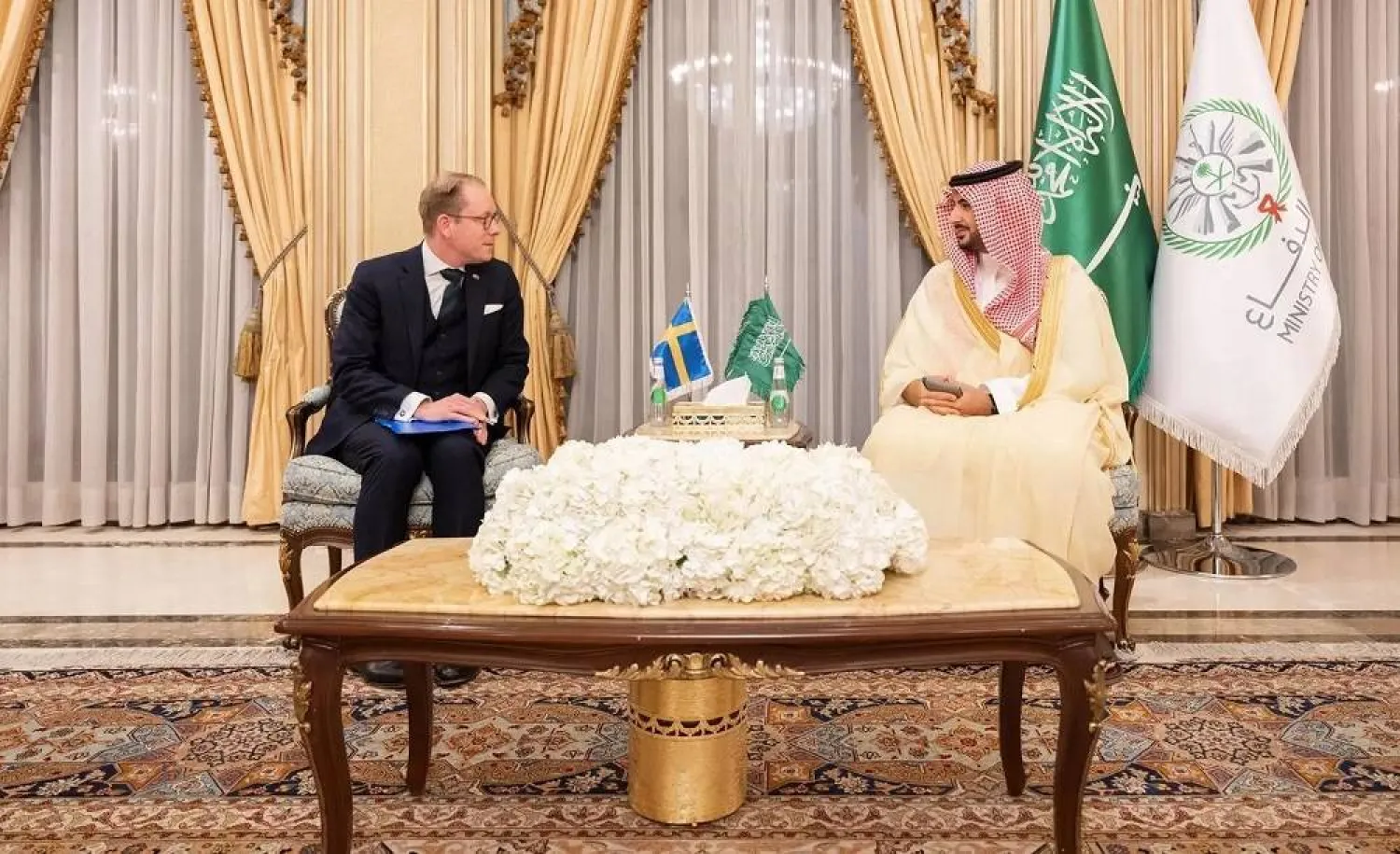Saudi Minister of Defense Prince Khalid bin Salman bin Abdulaziz meets with Swedish Foreign Minister Tobias Billstrom in Riyadh on Sunday. (SPA)