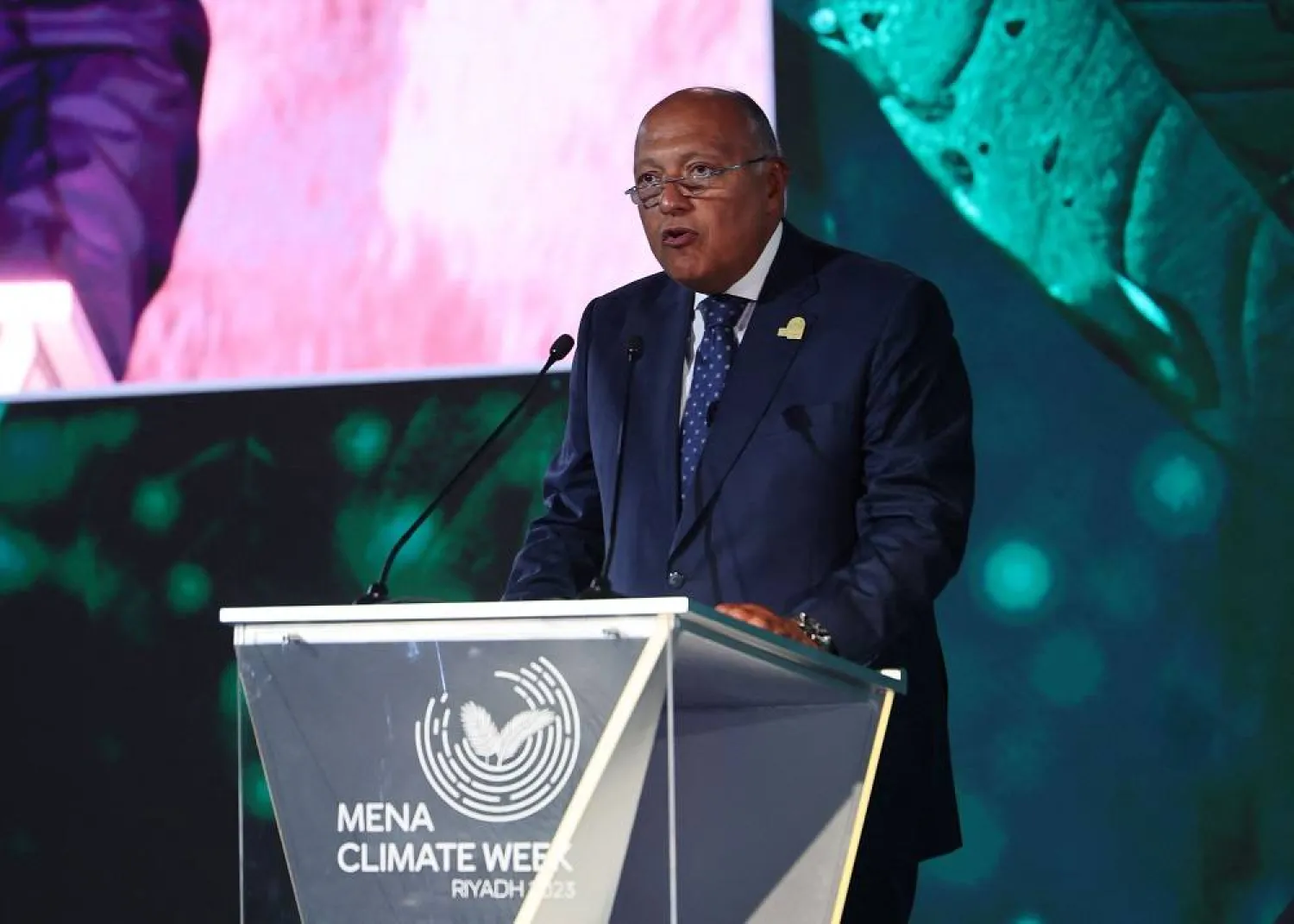 Egyption Minister of Foreign Affairs Sameh Shoukry addresses the opening session of the Middle East and North Africa (MENA) Climate Week, a UN-organized conference hosted in the Saudi capital Riyadh, on October 8, 2023. (AFP)