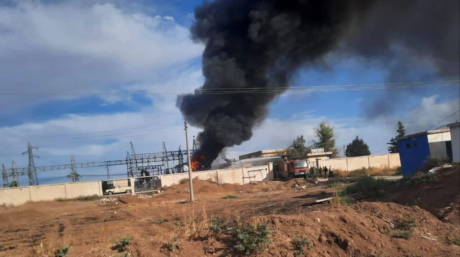A circulated image of a fire at a power station due to a Turkish airstrike in Syria (Asharq Al-Awsat)