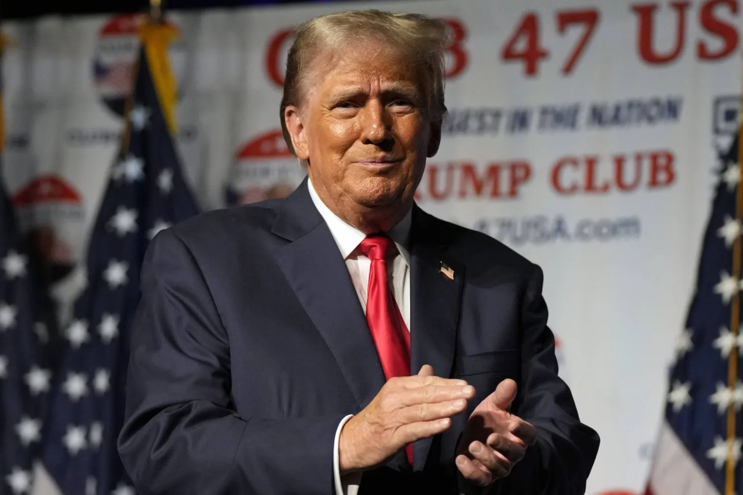 FILE - Republican presidential candidate former President Donald Trump gestures after speaking Wednesday, Oct. 11, 2023, at Palm Beach County Convention Center in West Palm Beach, Fla. (AP Photo/Rebecca Blackwell)