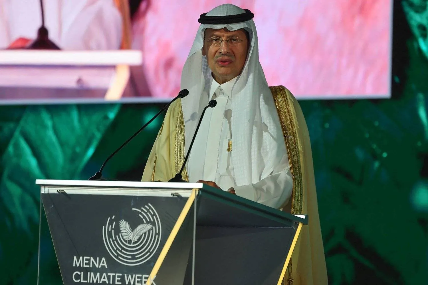Saudi Energy Minister Prince Abdulaziz bin Salman addresses the opening session of the Middle East and North Africa (MENA) Climate Week in Riyadh, on October 8, 2023. (Photo by Fayez Nureldine / AFP)