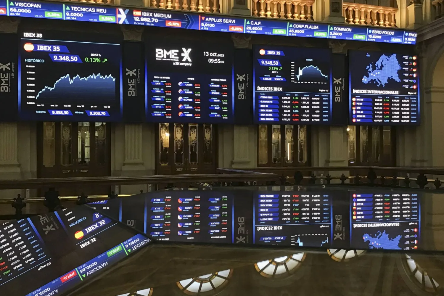 شاشات تعرض تحركات الأسهم على مؤشر "إيبكس35" الإسباني في بورصة العاصمة مدريد (إ ب أ)