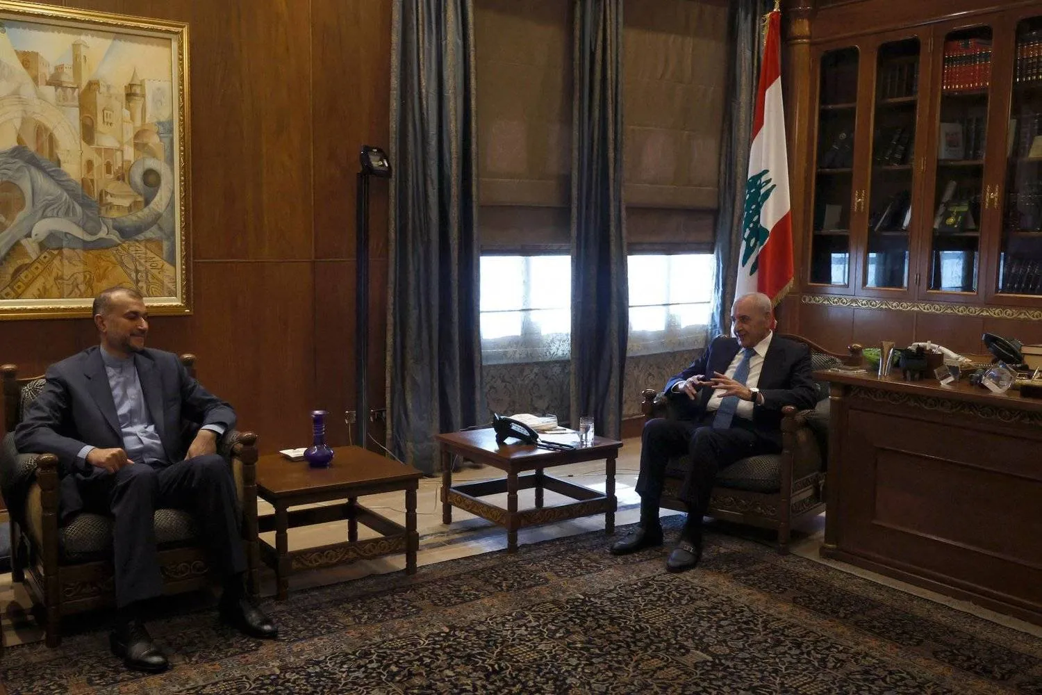 Iran's FM Hossein Amirabdollahian with Lebanese Speaker Nabih Berri (AFP)